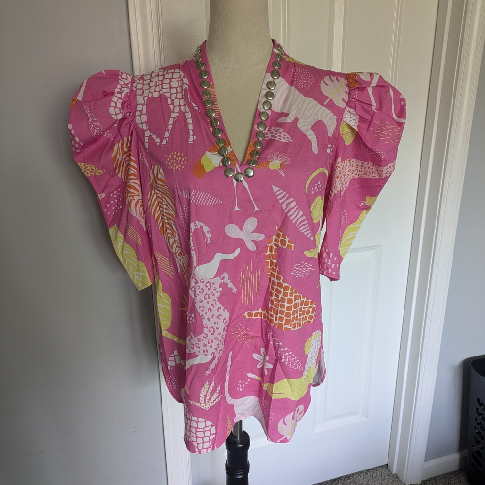 Sheridan French Pink Printed V-Neck Short Sleeve Blouse with Metallic Trim